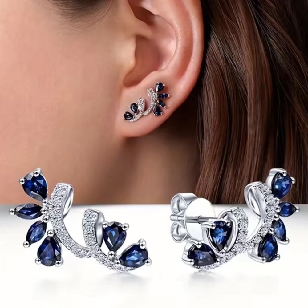 Sapphire & Diamond Silver Stud Earrings - Picture 8 of 8